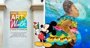 Disney Springs Art Walk sign alongside a vibrant mural featuring a girl in a colorful dress and Mickey Mouse holding a paintbrush, welcoming guests to dive into the creative energy and lively spirit of Disney Springs' art-filled experience.