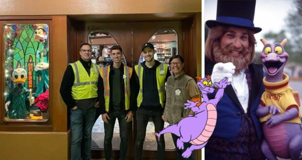 Cast Members in bright safety vests gather alongside festive Donald Duck displays at EPCOT's holiday celebration, with beloved icons Figment and Dreamfinder greeting guests on the right.
