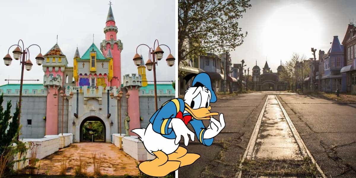 Donald Duck poses in front of the deserted Nara Dreamland, with its iconic, weathered castle and vacant walkways creating an eerie backdrop.
