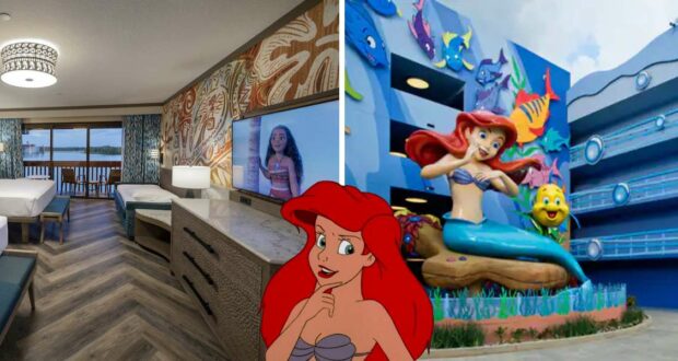 Left: Moana-themed hotel room at a Disney Resort, highlighting immersive IP-inspired accommodations. Right: Resort exterior featuring a towering Ariel statue from The Little Mermaid, inviting fans into the storybook setting.