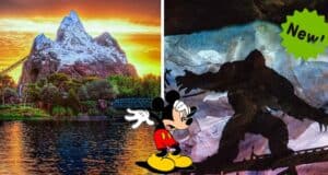 Experience the thrilling Disco Yeti Expedition Everest ride at Disney World, featuring a towering mountain backdrop, the menacing shadow of the Yeti, a bold "New!" label highlighting the attraction, and Mickey Mouse welcoming guests in the foreground.