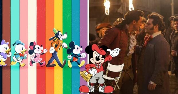 Mickey, Minnie, and beloved Disney characters parade down vibrant rainbow paths, capturing the magic of inclusion; a heartwarming moment inspired by Disney's commitment to diversity is highlighted as two male characters share a close connection in a movie scene.