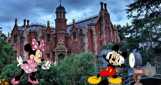 Minnie and Mickey Mouse appear startled as they stand before a haunted-looking mansion at dusk, surrounded by shadowy trees—capturing the thrilling, immersive atmosphere you’d expect during Disney’s Halloween festivities.