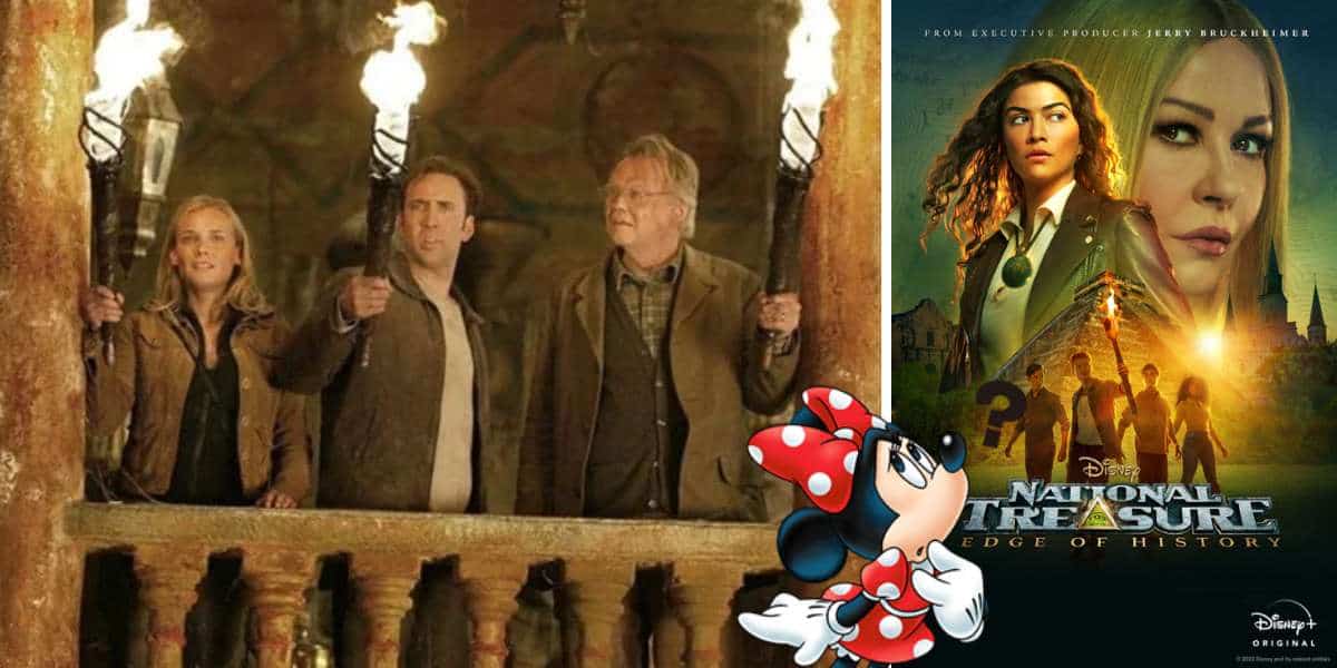 Guests holding torches explore a mysterious cave, featured alongside the Disney National Treasure: Edge of History show poster—an adventure promising thrills for fans of legendary quests.