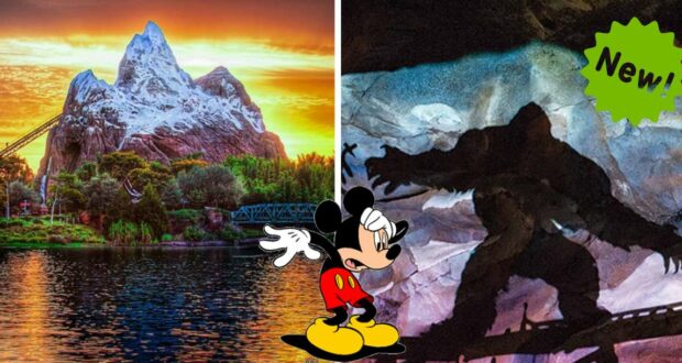 Experience the thrilling Disco Yeti Expedition Everest ride at Disney World, featuring a towering mountain backdrop, the menacing shadow of the Yeti, a bold "New!" label highlighting the attraction, and Mickey Mouse welcoming guests in the foreground.