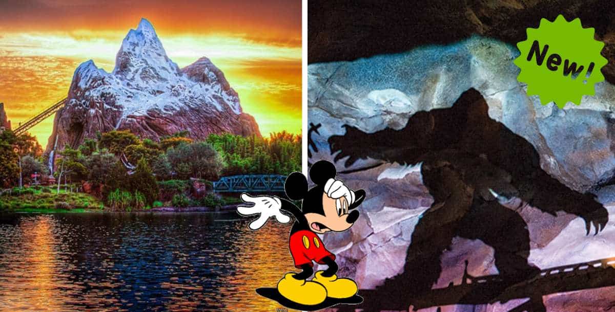 Experience the thrilling Disco Yeti Expedition Everest ride at Disney World, featuring a towering mountain backdrop, the menacing shadow of the Yeti, a bold "New!" label highlighting the attraction, and Mickey Mouse welcoming guests in the foreground.
