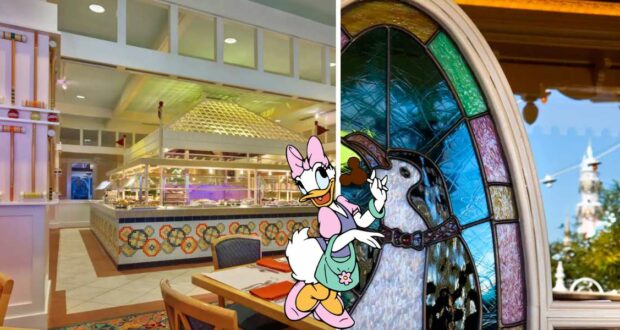 Daisy Duck greets guests in front of a vibrant buffet restaurant at a Disney Park, with a stunning stained glass window featuring a colorful bird design—an ideal spot for an unforgettable photo op in this whimsical setting.