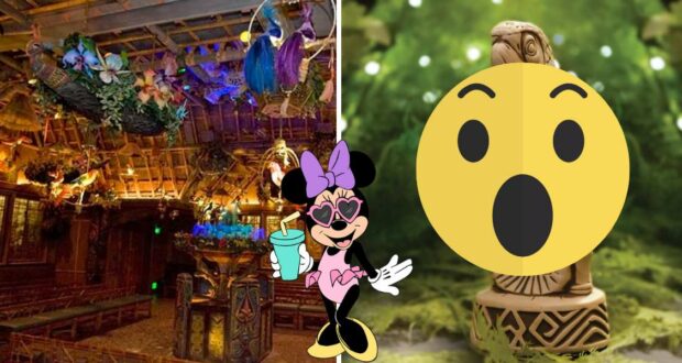 Step into the vibrant Tiki Room at Disneyland, where Minnie Mouse makes a playful cartoon appearance alongside a shocked emoji and a small tiki statue nestled on a mossy backdrop—all highlighted by an exclusive Disney Tiki Room collector’s mug that every fan will recognize.