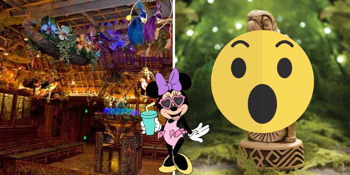 Step into the vibrant Tiki Room at Disneyland, where Minnie Mouse makes a playful cartoon appearance alongside a shocked emoji and a small tiki statue nestled on a mossy backdrop—all highlighted by an exclusive Disney Tiki Room collector’s mug that every fan will recognize.