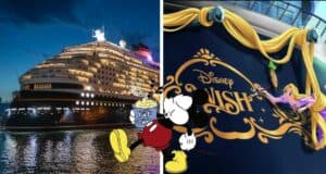 The Disney Wish cruise ship glows against the night sky, with a spotlight on its bow where Rapunzel brings the ship’s name to life in vibrant paint—a magical scene straight out of the Disney Wish documentary that captures the enchanting artistry and storytelling fans love about Disney vacations.