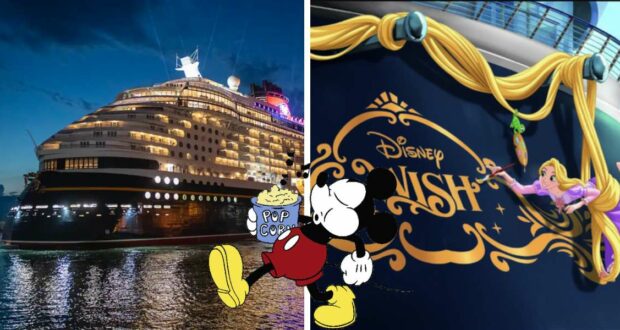 The Disney Wish cruise ship glows against the night sky, with a spotlight on its bow where Rapunzel brings the ship’s name to life in vibrant paint—a magical scene straight out of the Disney Wish documentary that captures the enchanting artistry and storytelling fans love about Disney vacations.