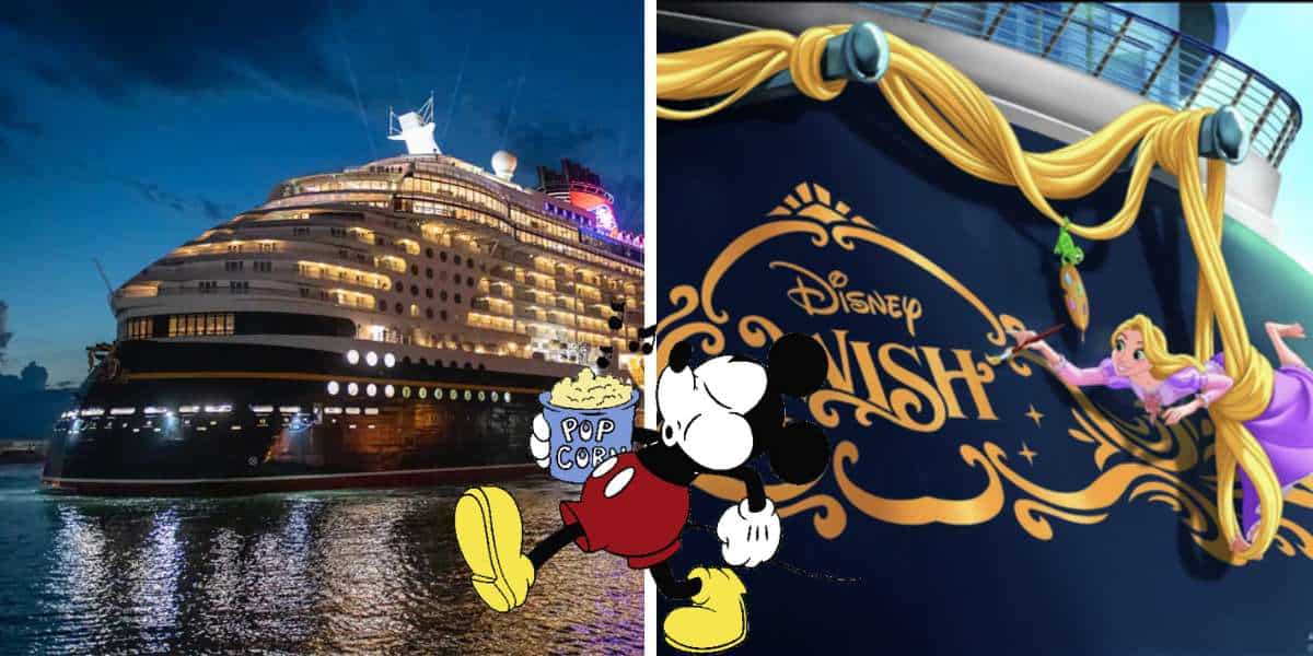 The Disney Wish cruise ship glows against the night sky, with a spotlight on its bow where Rapunzel brings the ship’s name to life in vibrant paint—a magical scene straight out of the Disney Wish documentary that captures the enchanting artistry and storytelling fans love about Disney vacations.
