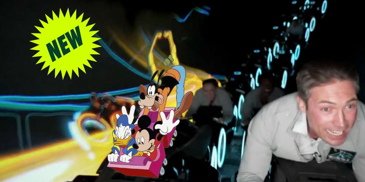 Experience the thrill of TRON Lightcycle Run as you join beloved Disney characters on a high-tech roller coaster adventure, highlighted by a vibrant "NEW" starburst graphic.