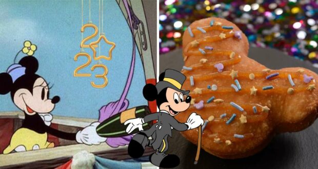 Minnie stands with festive 2023 balloons, joined by Mickey Mouse in a sharp suit, while a Mickey-shaped donut with colorful sprinkles sits on a dark plate—an ideal treat for enjoying champagne desserts and adding sparkle to your magical Disney World celebration.