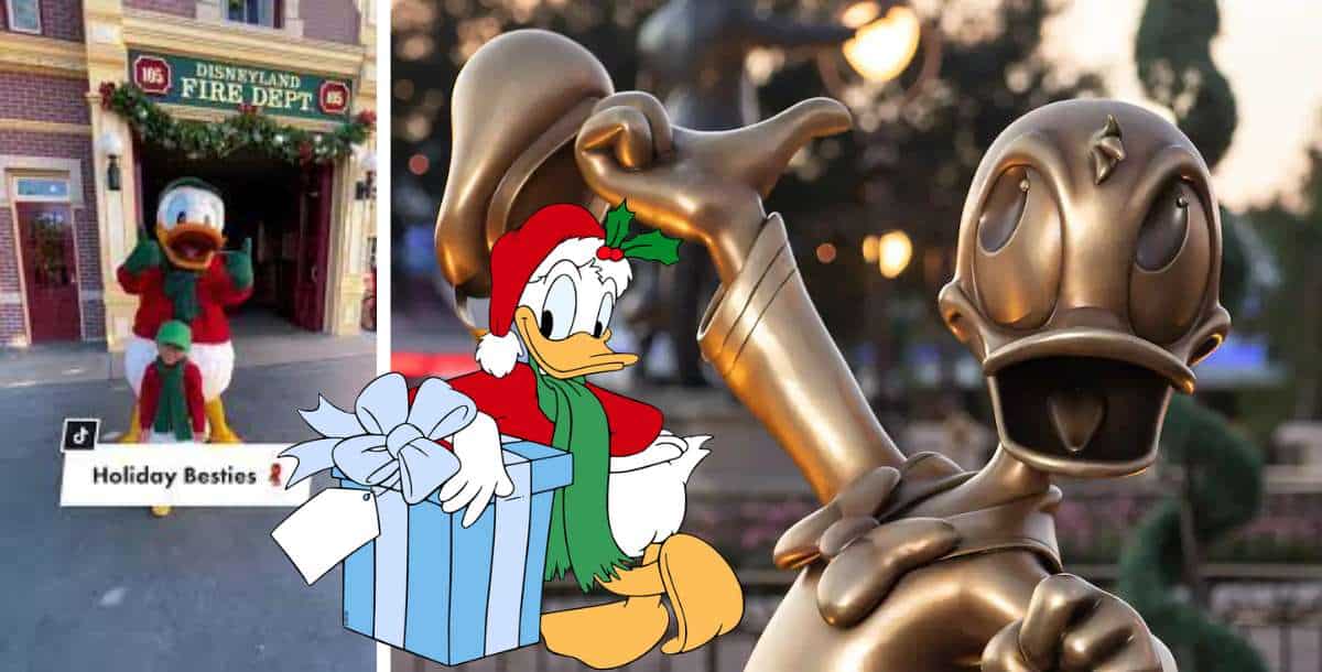 Donald Duck at Disneyland, a gleaming bronze Donald statue, and a holiday-themed Donald decked out with a Santa hat and gift box—top must-snap spots for any Disney fan wanting that perfect themed photo.