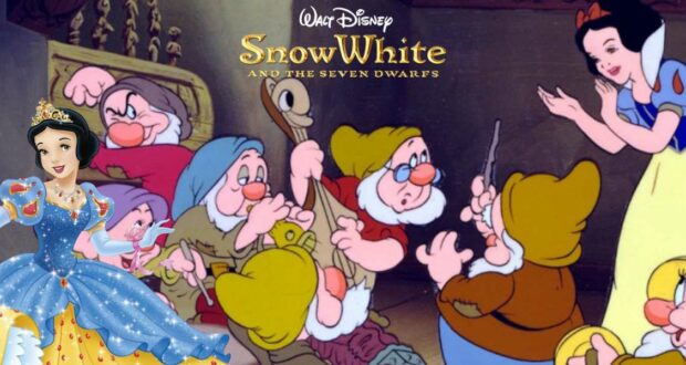 Snow White greets the seven dwarfs while Cinderella, dressed in her signature blue gown, joins the celebration for the 85th anniversary of Snow White at Disneyland.