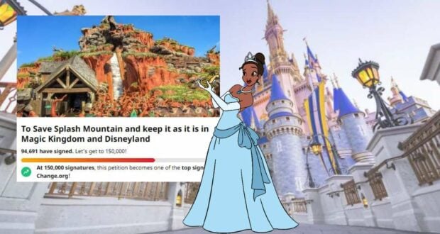 Princess Tiana poses in front of the iconic Disney castle, with the Splash Mountain Petition displayed next to her, highlighting the community effort among Disney fans to preserve this classic attraction.