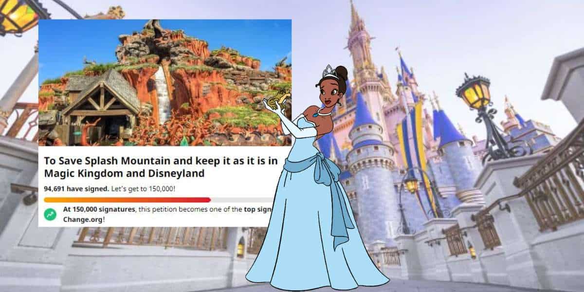 Princess Tiana poses in front of the iconic Disney castle, with the Splash Mountain Petition displayed next to her, highlighting the community effort among Disney fans to preserve this classic attraction.