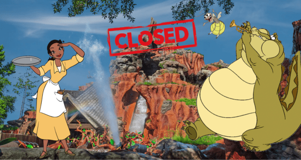 A cartoon waitress, Louis the alligator, and Mickey Mouse pose in front of Splash Mountain at Disney World, with a bold "CLOSED" sign across the ride entrance.