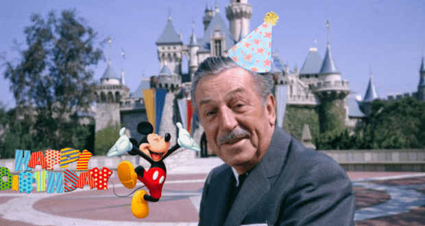 Walt Disney, wearing a party hat and dressed in a suit, stands with Mickey Mouse in front of a magical castle as "Happy Birthday" appears, celebrating his birthday at Disney World.