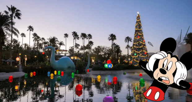 Mickey Mouse appears delighted, gazing at a sparkling Christmas tree and vibrant holiday decorations as colorful lights twinkle by the lakeside at dusk, bringing Disney World’s festive wonder to life.