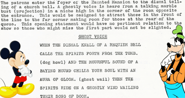 Mickey and Goofy gather next to a show script written by a Disney Parks entertainment writer, spotlighting a spooky poem about ghostly voices and the iconic Haunted Mansion.