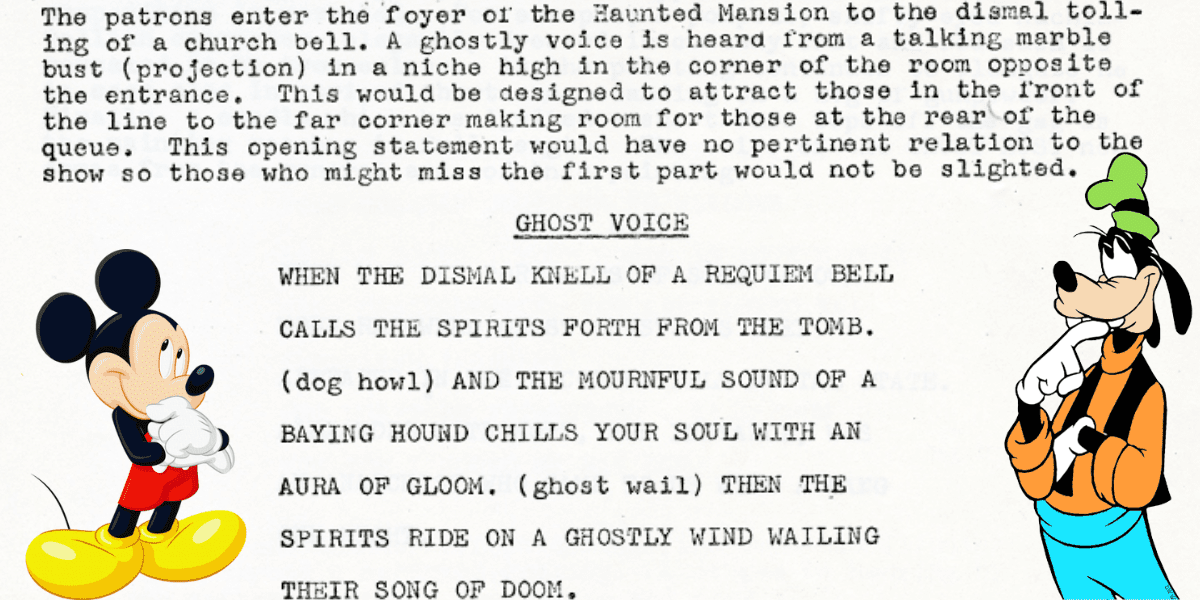 Mickey and Goofy gather next to a show script written by a Disney Parks entertainment writer, spotlighting a spooky poem about ghostly voices and the iconic Haunted Mansion.