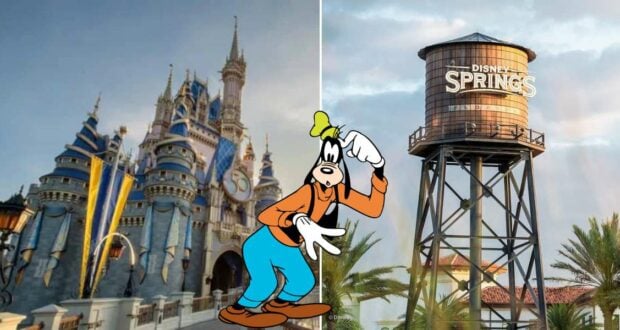 Goofy poses between the iconic Cinderella Castle on the left and the Disney Springs water tower on the right, just steps away from Sosa Family Cigars, which has recently announced its closing.