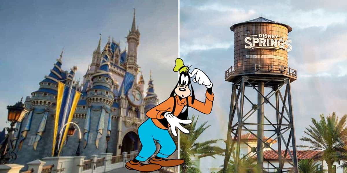 Goofy poses between the iconic Cinderella Castle on the left and the Disney Springs water tower on the right, just steps away from Sosa Family Cigars, which has recently announced its closing.