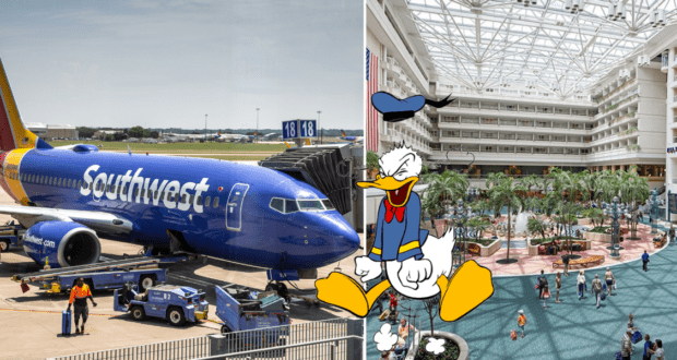 Donald Duck welcoming guests in a lively airport atrium filled with palm trees, while a Southwest airplane waits at the gate—capturing the magic and excitement travelers feel when flying Southwest to Orlando’s world-famous theme parks.