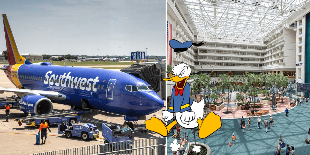 Donald Duck welcoming guests in a lively airport atrium filled with palm trees, while a Southwest airplane waits at the gate—capturing the magic and excitement travelers feel when flying Southwest to Orlando’s world-famous theme parks.