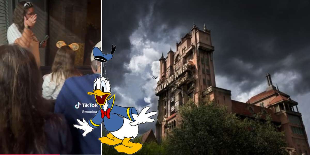 Donald Duck greets guests in front of the ominous Disney Tower of Terror, as excited visitors gather around to watch and experience the suspenseful atmosphere.