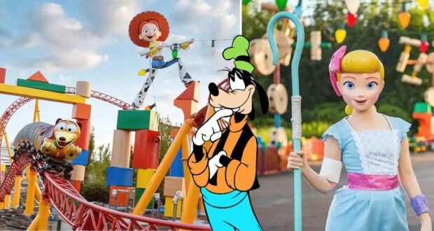 Goofy joins Jessie aboard the thrilling Toy Story Land rollercoaster, while Bo Peep stands nearby, all set against the colorful backdrop of Toy Story Land's iconic attractions, immersing guests in the beloved Pixar world come to life.