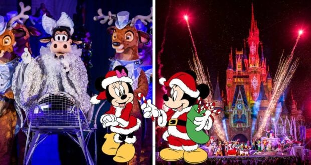 Mickey Mouse and other beloved Disney characters light up Magic Kingdom in festive costumes as vibrant fireworks burst above Cinderella Castle, all set amid dazzling holiday decorations for an unforgettable Christmas celebration at Disney World.
