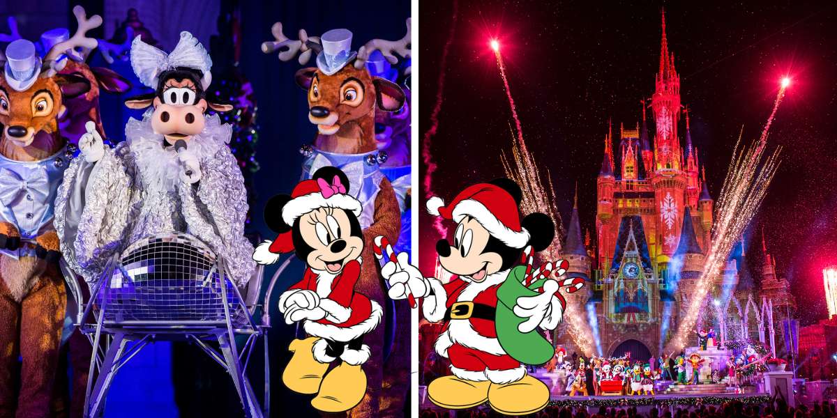 Mickey Mouse and other beloved Disney characters light up Magic Kingdom in festive costumes as vibrant fireworks burst above Cinderella Castle, all set amid dazzling holiday decorations for an unforgettable Christmas celebration at Disney World.