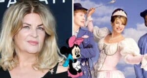 Split image: On the left, a woman with blonde hair; on the right, she’s transformed into a princess posing with Minnie Mouse in classic Disney Parks style, evoking Kirstie Alley from Cheers, who is fondly remembered.