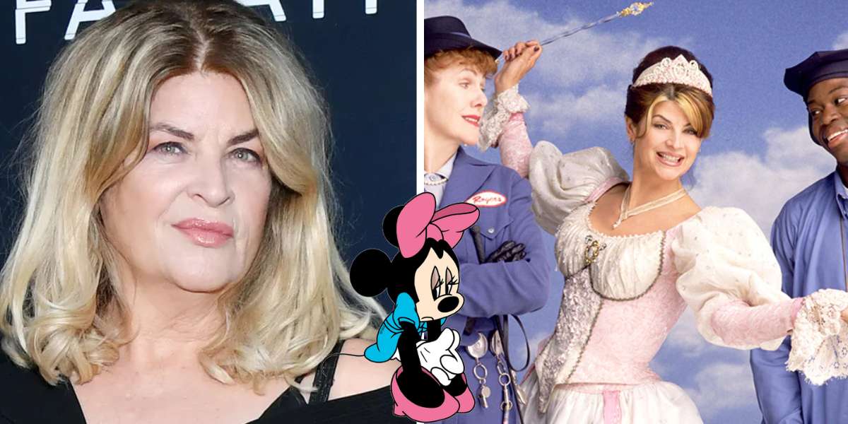 Split image: On the left, a woman with blonde hair; on the right, she’s transformed into a princess posing with Minnie Mouse in classic Disney Parks style, evoking Kirstie Alley from Cheers, who is fondly remembered.
