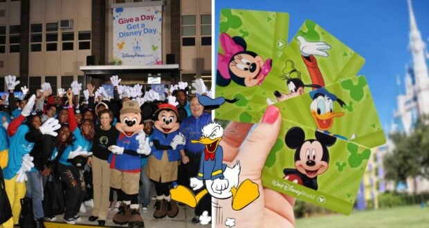 Disney characters greet a lively crowd on the left, while on the right, a hand proudly displays Disney VoluntEARS park admission tickets with Cinderella Castle in the background.