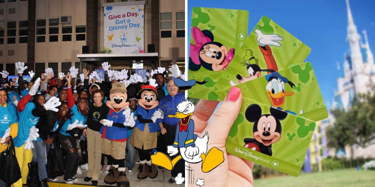 Disney characters greet a lively crowd on the left, while on the right, a hand proudly displays Disney VoluntEARS park admission tickets with Cinderella Castle in the background.