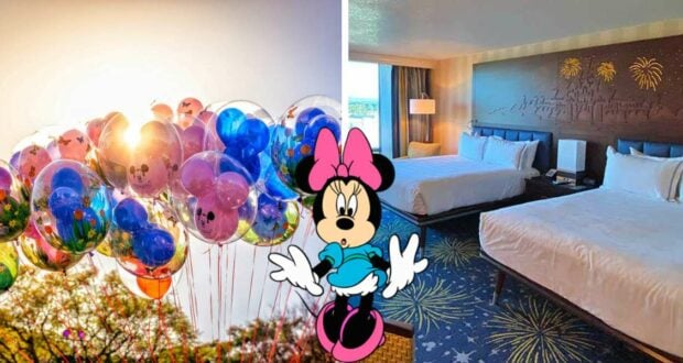 Minnie Mouse holding Disney balloons outside at a Disney resort, alongside a hotel room featuring two beds and whimsical Disney-themed decor—ideal for fans taking advantage of special resort discounts.