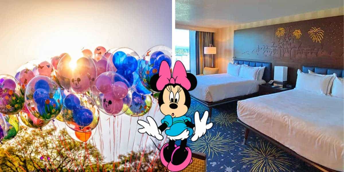 Minnie Mouse holding Disney balloons outside at a Disney resort, alongside a hotel room featuring two beds and whimsical Disney-themed decor—ideal for fans taking advantage of special resort discounts.
