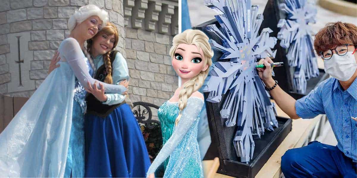 Elsa and Anna from Frozen join a Disney cast member to paint a sparkling snowflake ornament, featuring Elsa’s animated likeness at the center.