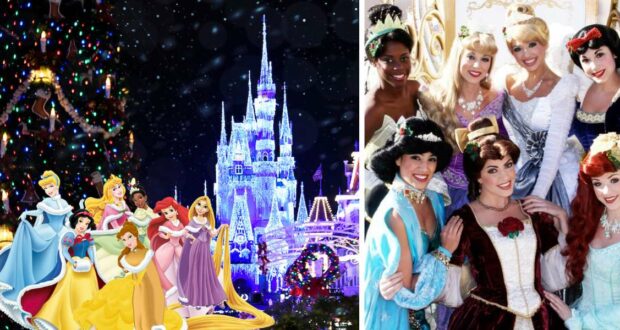 Disney princesses wear festive winter attire as they pose by a sparkling Christmas tree and the illuminated Cinderella Castle at Walt Disney World, surrounded by fellow guests in princess costumes.