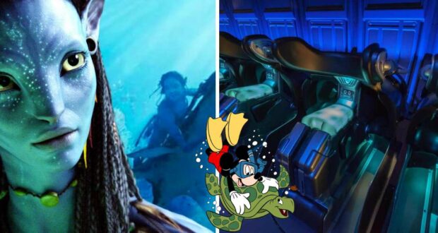 Left: An Avatar character from Pandora exploring an underwater scene. Right: Brand new ride vehicles with empty blue seats at the latest attraction. Center: Goofy and a friendly cartoon turtle add whimsical Disney magic.