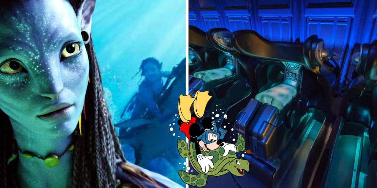 Left: An Avatar character from Pandora exploring an underwater scene. Right: Brand new ride vehicles with empty blue seats at the latest attraction. Center: Goofy and a friendly cartoon turtle add whimsical Disney magic.
