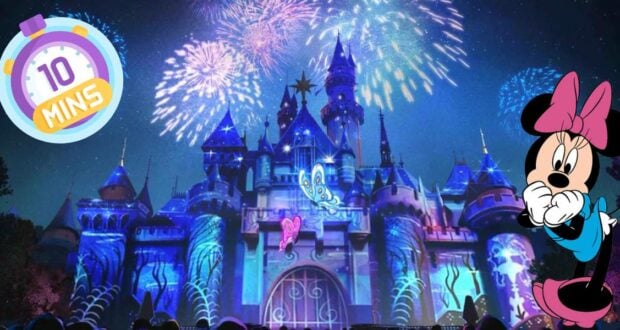 The iconic Disney castle illuminated by vibrant fireworks, with a "10 mins" timer showcasing the Wonders Journeys show duration, and Minnie Mouse featured on a lively, colorful night backdrop.