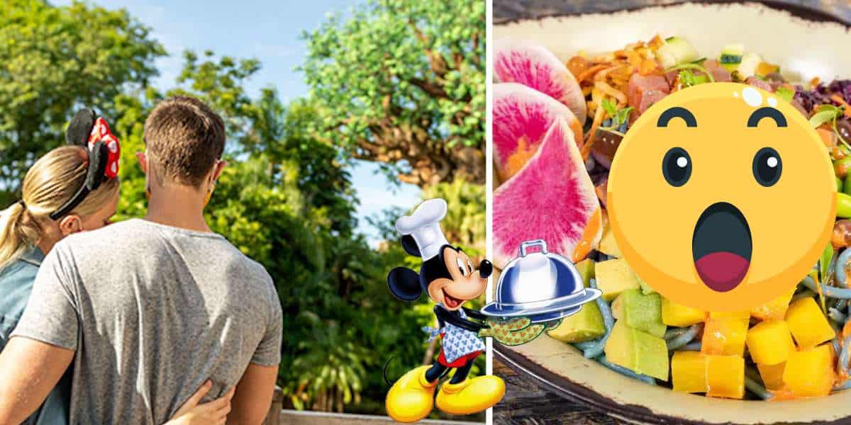 A couple enjoying Disney World, their Disney avatar smiling with delicious park treats, alongside a surprised emoji reacting to a vibrant new salad from the exciting menu.