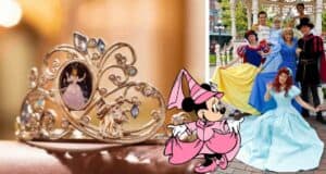 A sparkling jeweled tiara, Minnie Mouse in a pink fairy costume, and Disney princesses greeting guests create an enchanting Disney Princess celebration for park visitors.