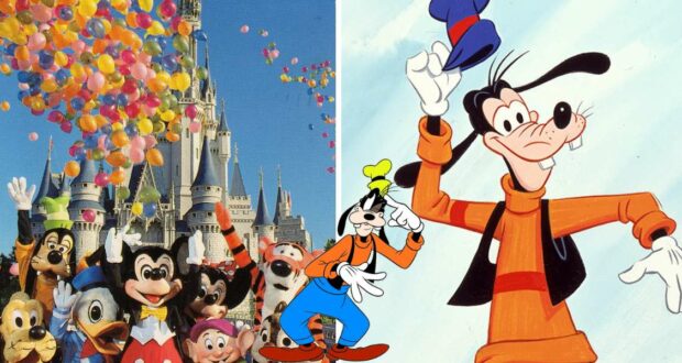 Beloved Disney characters gather in front of the iconic castle, surrounded by colorful balloons, as Goofy waves enthusiastically from the right in his signature outfit, welcoming guests to the magical world of Disney.