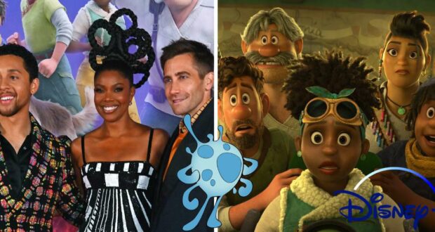 Three guests strike a pose on the red carpet at a movie premiere, standing alongside the animated heroes from Disney’s Strange World with the classic Disney logo displayed nearby—a star-studded moment for fans of Disney films and characters.